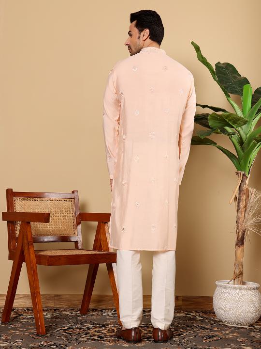 Men's Cream Straight Viscose Silk Kurta with Embroidered Neckline and Motifs,Off White solid trouser style churidar | SHOBITAM