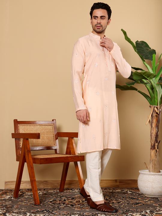 Men's Cream Straight Viscose Silk Kurta with Embroidered Neckline and Motifs,Off White solid trouser style churidar | SHOBITAM