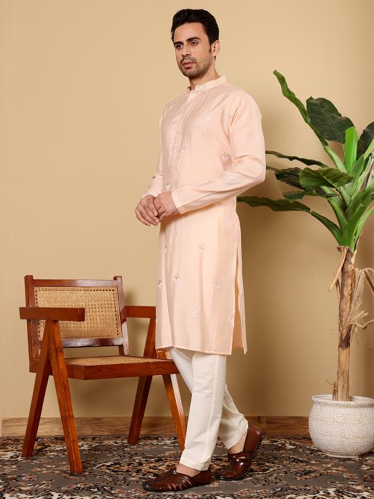Men's Cream Straight Viscose Silk Kurta with Embroidered Neckline and Motifs,Off White solid trouser style churidar | SHOBITAM