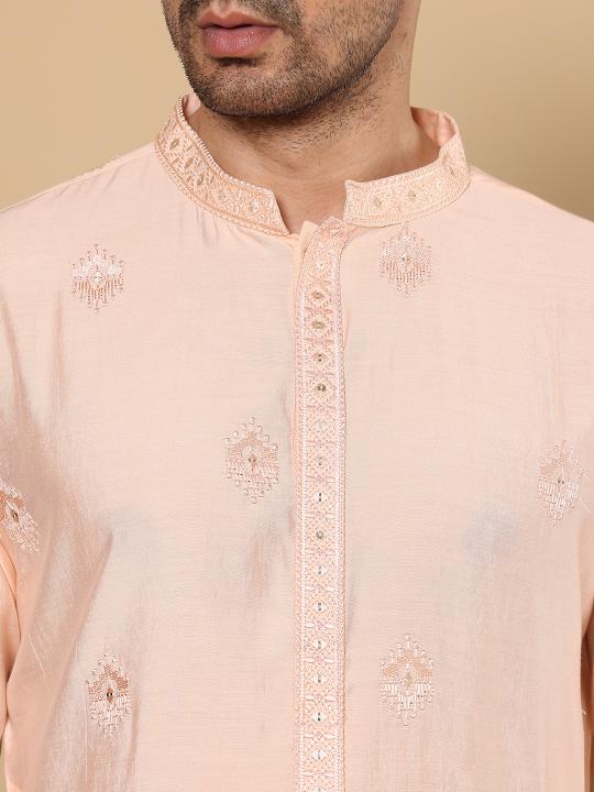 Men's Cream Straight Viscose Silk Kurta with Embroidered Neckline and Motifs,Off White solid trouser style churidar | SHOBITAM