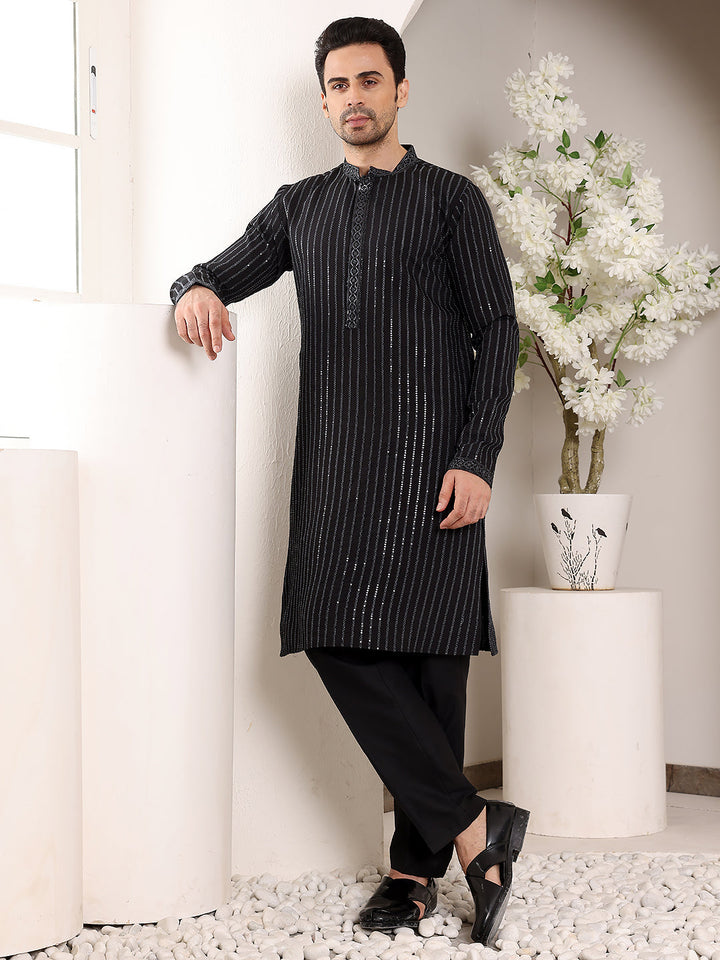Men's Black Straight Viscose Silk Kurta with Embroidered Neckline and Motifs,Cream solid trouser style churidar| SHOBITAM