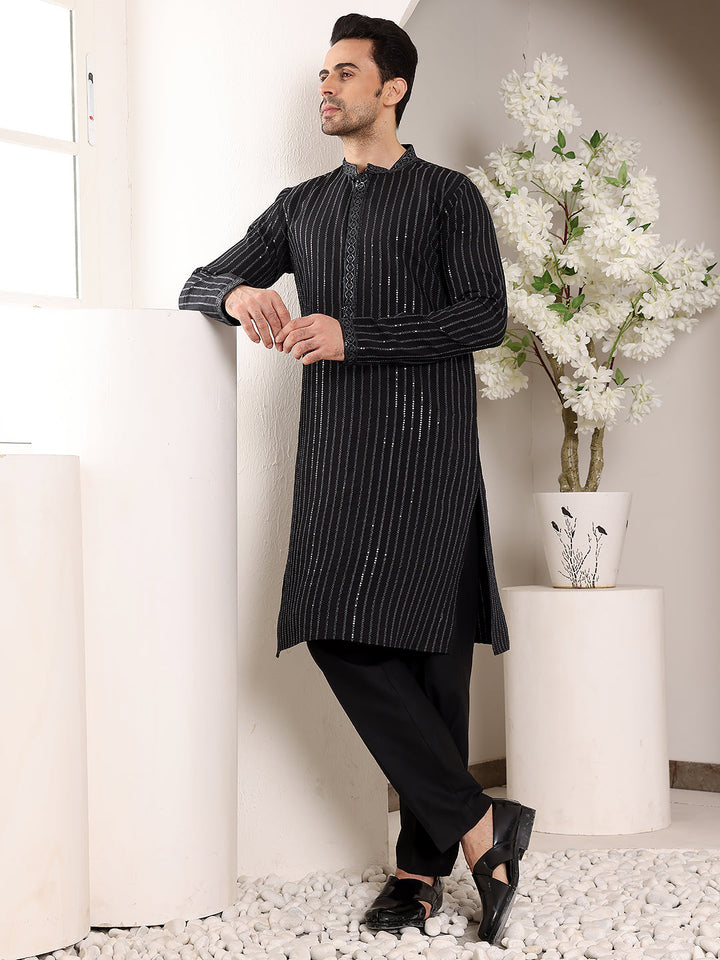 Men's Black Straight Viscose Silk Kurta with Embroidered Neckline and Motifs,Cream solid trouser style churidar| SHOBITAM