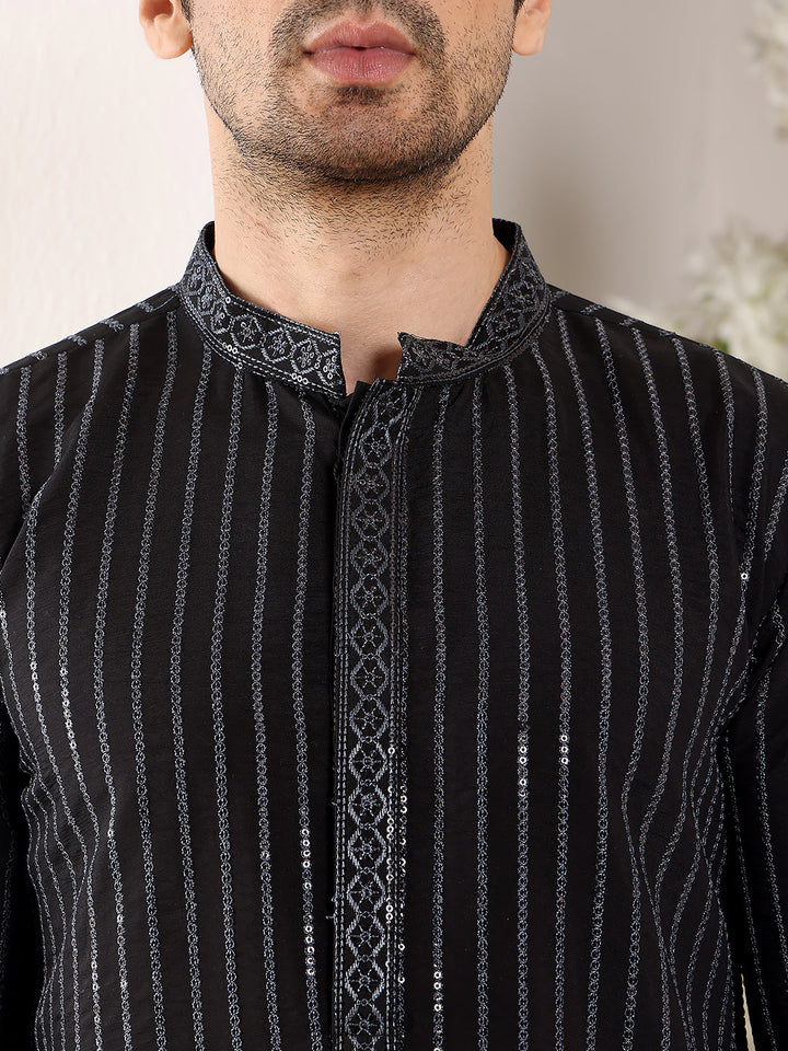 Men's Black Straight Viscose Silk Kurta with Embroidered Neckline and Motifs,Cream solid trouser style churidar| SHOBITAM