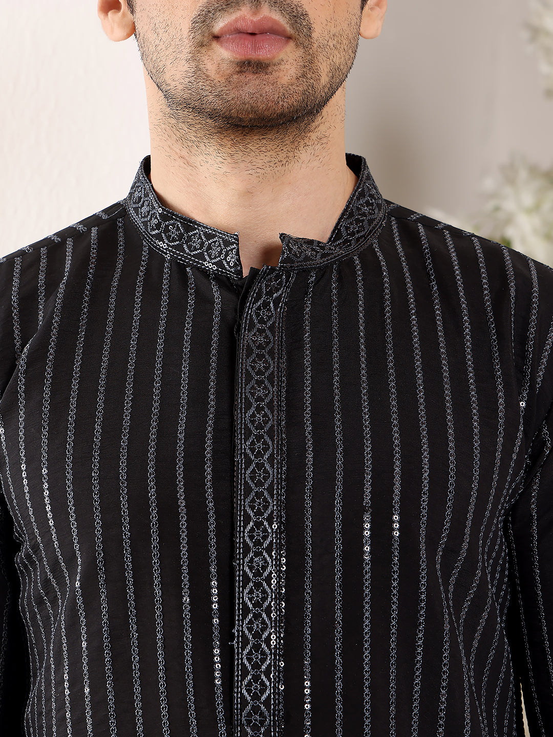 Men's Black Straight Viscose Silk Kurta with Embroidered Neckline and Motifs,Cream solid trouser style churidar| SHOBITAM