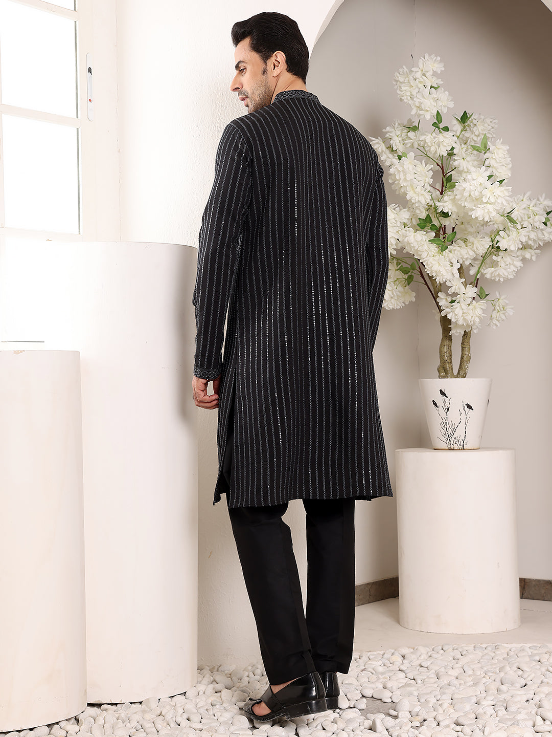 Men's Black Straight Viscose Silk Kurta with Embroidered Neckline and Motifs,Cream solid trouser style churidar| SHOBITAM