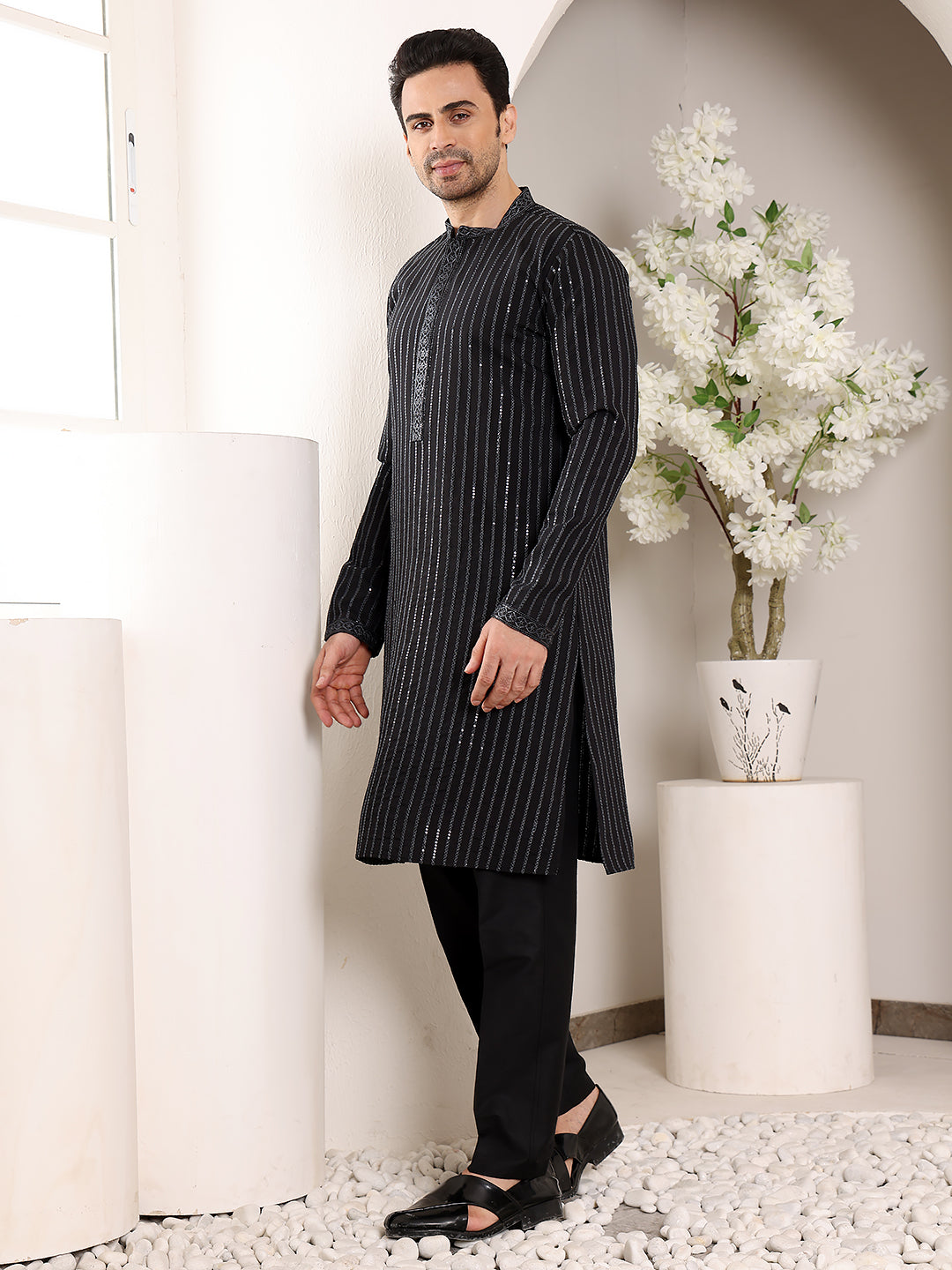 Men's Black Straight Viscose Silk Kurta with Embroidered Neckline and Motifs,Cream solid trouser style churidar| SHOBITAM