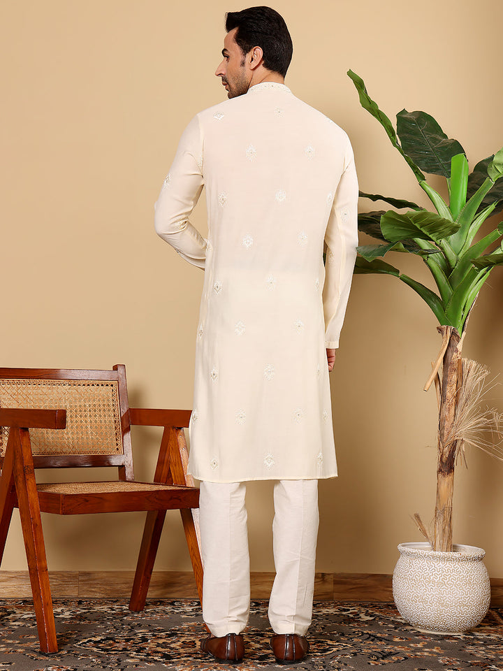 Men's Cream Straight Viscose Silk Kurta with Embroidered Neckline and Motifs,Cream solid trouser style churidar| SHOBITAM
