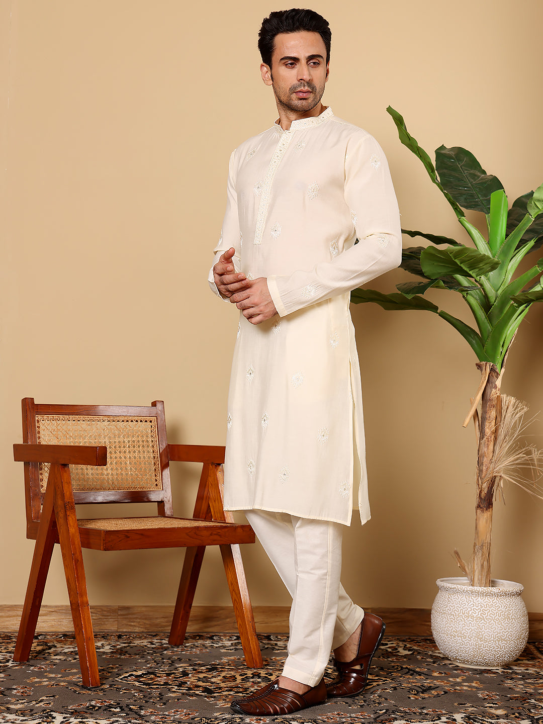 Men's Cream Straight Viscose Silk Kurta with Embroidered Neckline and Motifs,Cream solid trouser style churidar| SHOBITAM