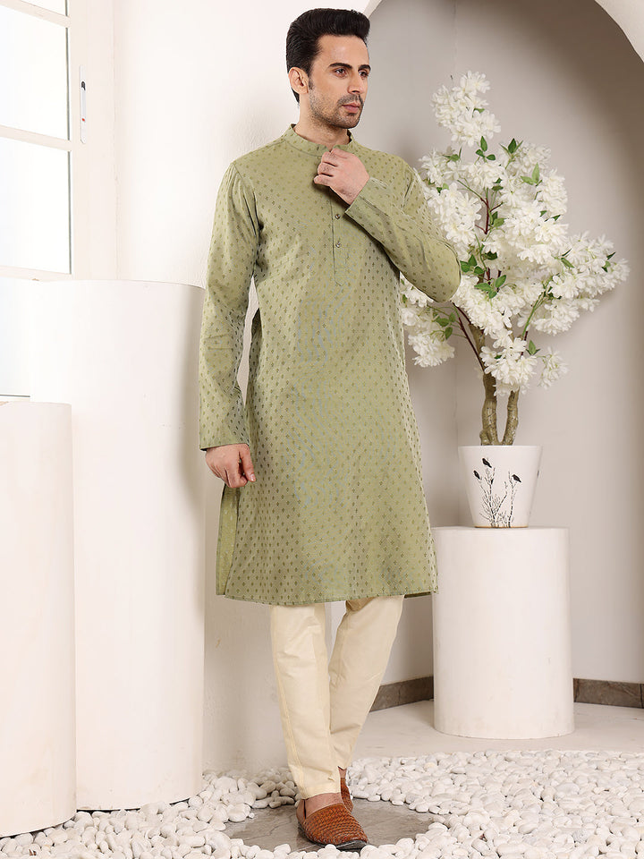 Men's Green Straight Viscose Silk kurta with Textured Effect,Cream solid trouser style churidar| SHOBITAM