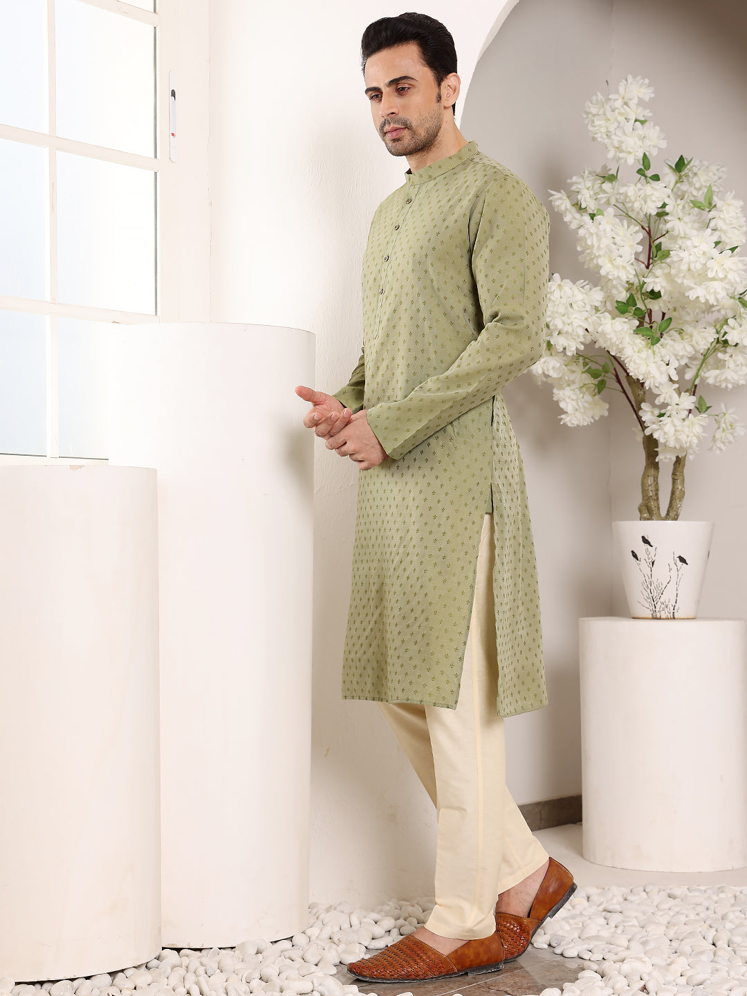 Men's Green Straight Viscose Silk kurta with Textured Effect,Cream solid trouser style churidar| SHOBITAM