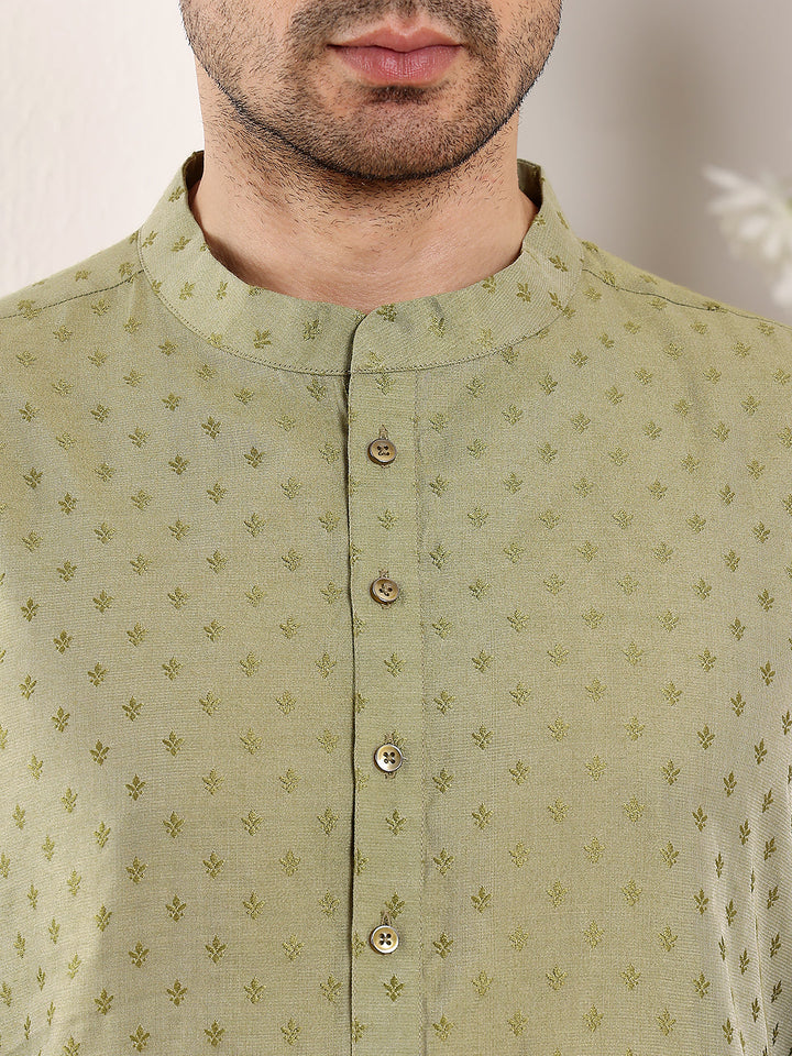 Men's Green Straight Viscose Silk kurta with Textured Effect,Cream solid trouser style churidar| SHOBITAM