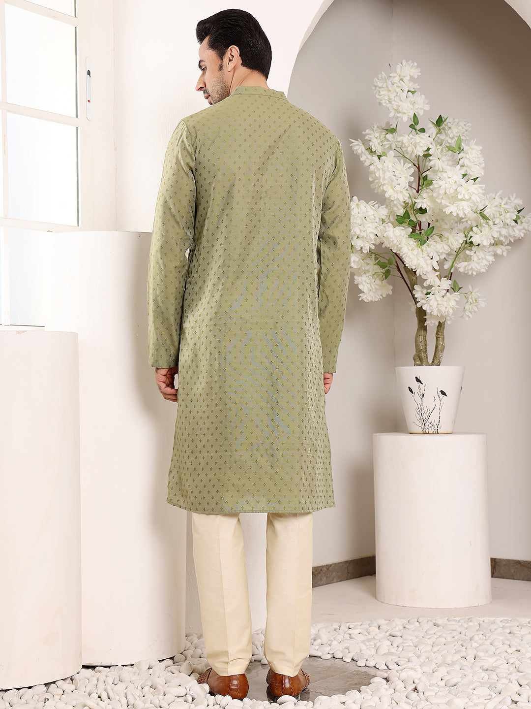 Men's Green Straight Viscose Silk kurta with Textured Effect,Cream solid trouser style churidar| SHOBITAM