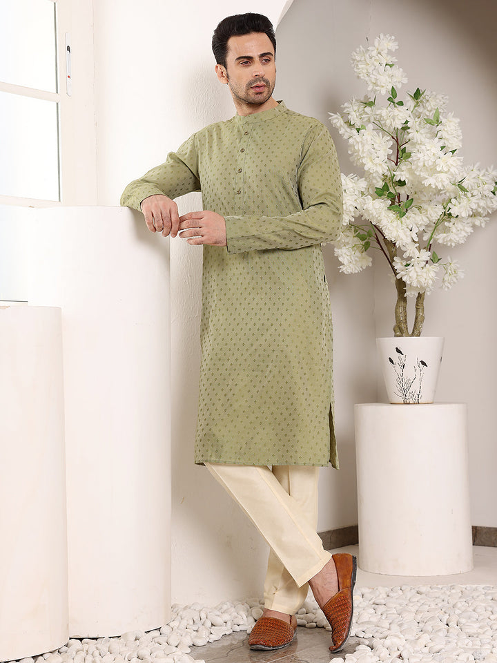 Men's Green Straight Viscose Silk kurta with Textured Effect,Cream solid trouser style churidar| SHOBITAM