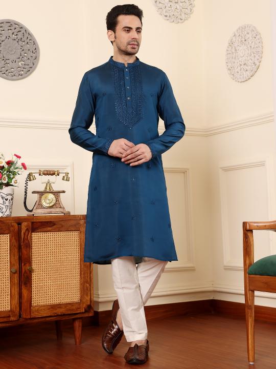 Men's Blue Straight Viscose Silk Kurta with Embroidered Neckline and Motifs,Cream solid trouser style churidar| SHOBITAM