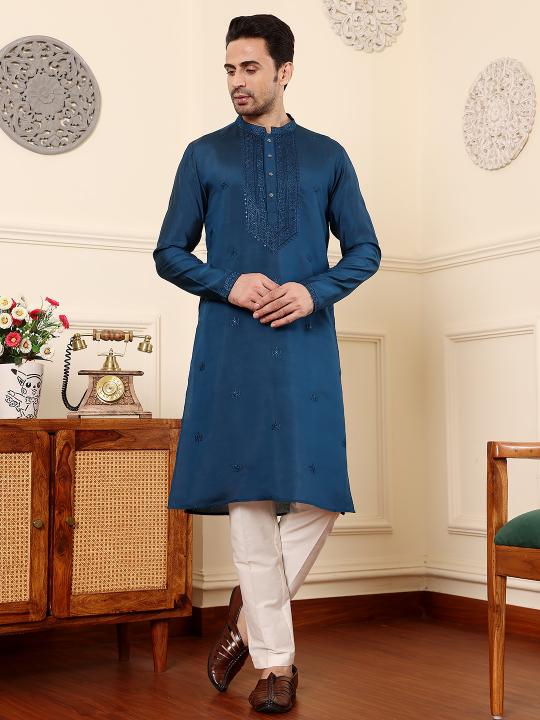 Men's Blue Straight Viscose Silk Kurta with Embroidered Neckline and Motifs,Cream solid trouser style churidar| SHOBITAM