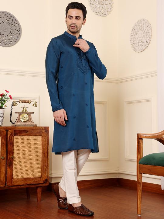 Men's Blue Straight Viscose Silk Kurta with Embroidered Neckline and Motifs,Cream solid trouser style churidar| SHOBITAM