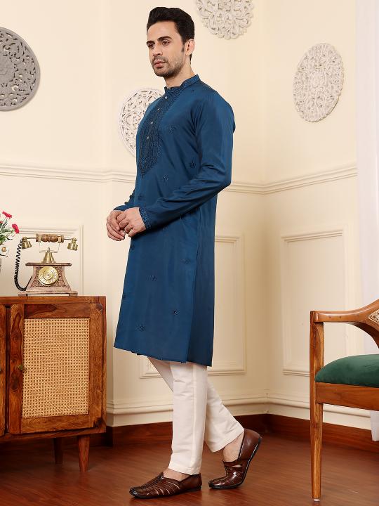 Men's Blue Straight Viscose Silk Kurta with Embroidered Neckline and Motifs,Cream solid trouser style churidar| SHOBITAM