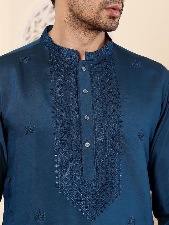 Men's Blue Straight Viscose Silk Kurta with Embroidered Neckline and Motifs,Cream solid trouser style churidar| SHOBITAM