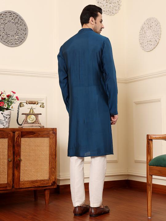 Men's Blue Straight Viscose Silk Kurta with Embroidered Neckline and Motifs,Cream solid trouser style churidar| SHOBITAM