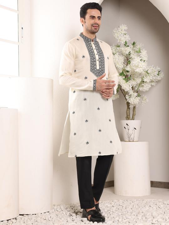 Men's White Straight Viscose Silk Kurta with Embroidered Neckline and Motifs,Black solid trouser style churidar| SHOBITAM