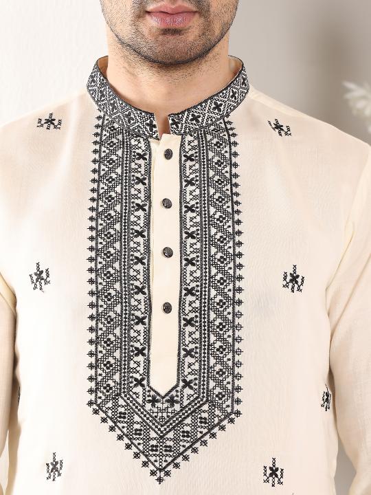 Men's White Straight Viscose Silk Kurta with Embroidered Neckline and Motifs,Black solid trouser style churidar| SHOBITAM