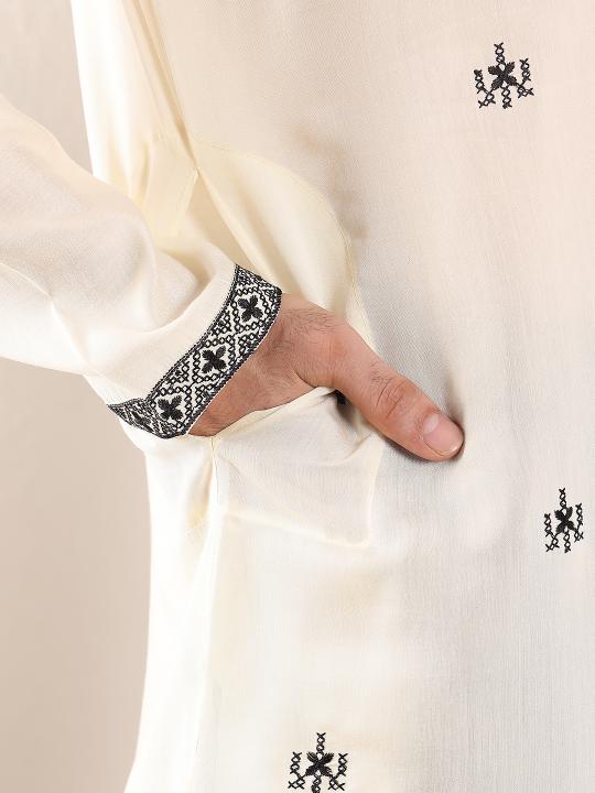 Men's White Straight Viscose Silk Kurta with Embroidered Neckline and Motifs,Black solid trouser style churidar| SHOBITAM