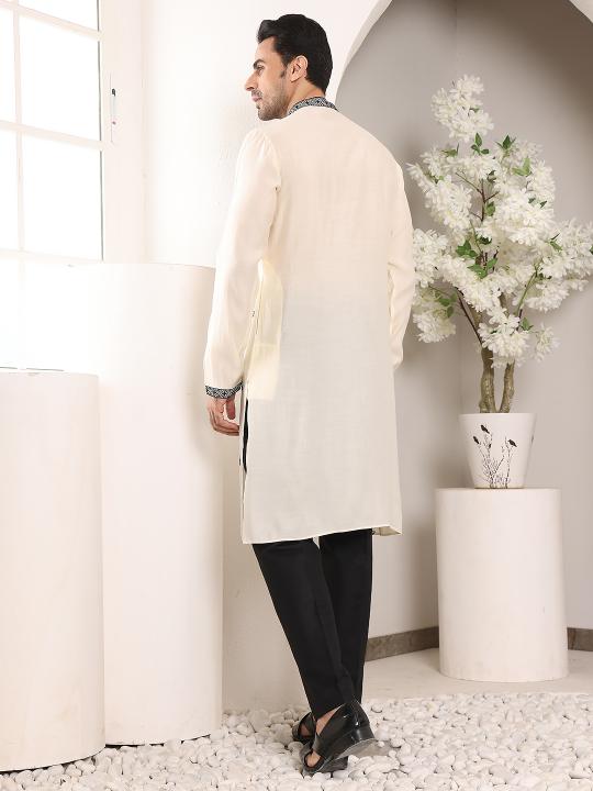Men's White Straight Viscose Silk Kurta with Embroidered Neckline and Motifs,Black solid trouser style churidar| SHOBITAM