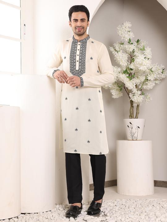 Men's White Straight Viscose Silk Kurta with Embroidered Neckline and Motifs,Black solid trouser style churidar| SHOBITAM