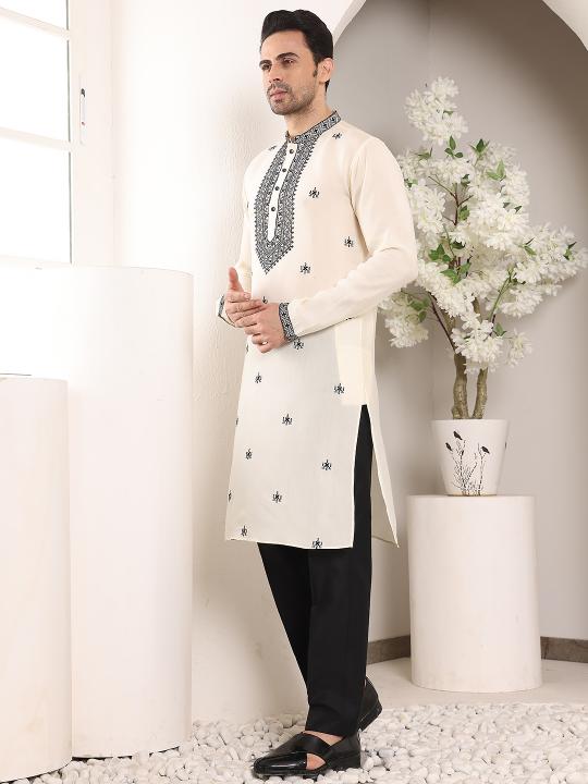 Men's White Straight Viscose Silk Kurta with Embroidered Neckline and Motifs,Black solid trouser style churidar| SHOBITAM