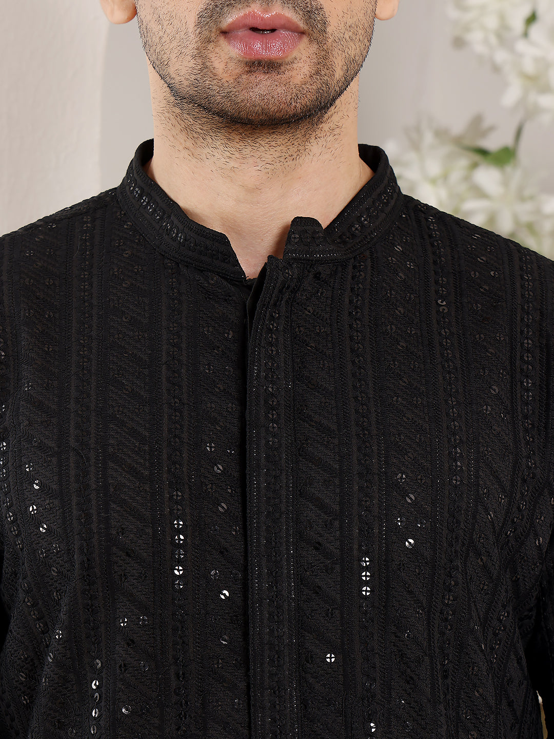 Men's Long Sleeve Elegant Black Straight Viscose Silk Kurta with Embroidery and Black Solid Churidar| SHOBITAM