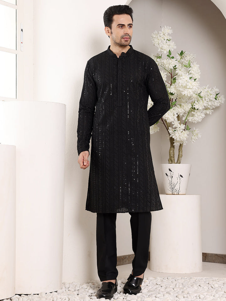 Men's Long Sleeve Elegant Black Straight Viscose Silk Kurta with Embroidery and Black Solid Churidar| SHOBITAM