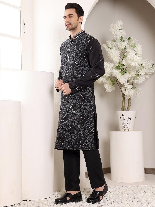 Men's Black Straight Rayon Silk Kurta with Embroidered Neckline and Motifs,Off White solid trouser style churidar| SHOBITAM