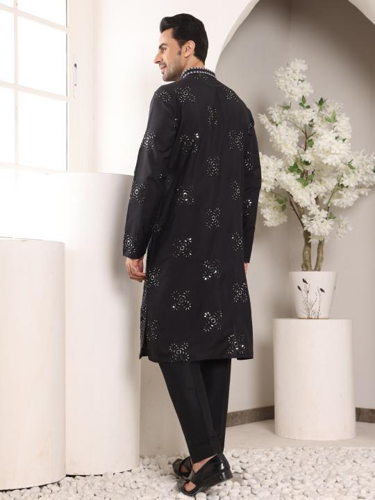 Men's Black Straight Rayon Silk Kurta with Embroidered Neckline and Motifs,Off White solid trouser style churidar| SHOBITAM