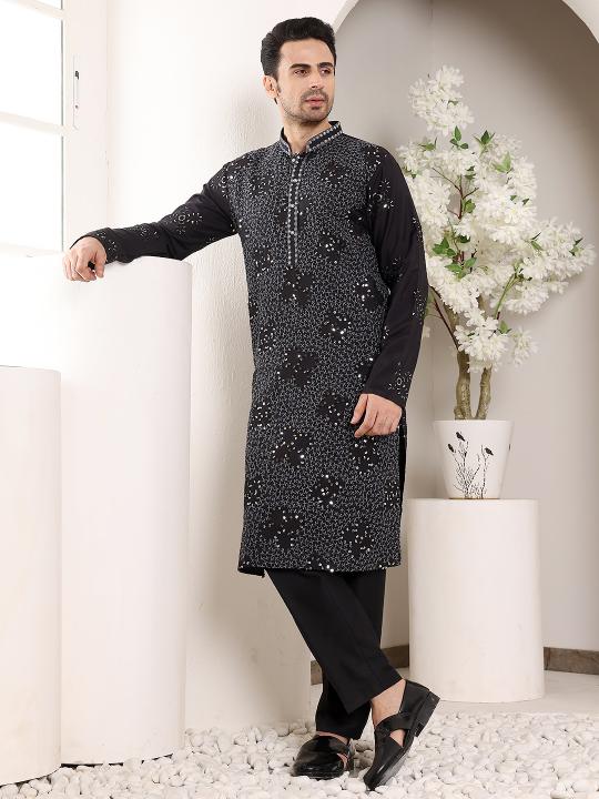 Men's Black Straight Rayon Silk Kurta with Embroidered Neckline and Motifs,Off White solid trouser style churidar| SHOBITAM