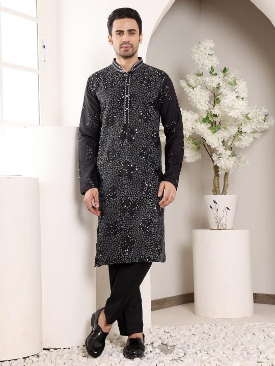 Men's Black Straight Rayon Silk Kurta with Embroidered Neckline and Motifs,Off White solid trouser style churidar| SHOBITAM