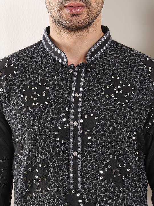 Men's Black Straight Rayon Silk Kurta with Embroidered Neckline and Motifs,Off White solid trouser style churidar| SHOBITAM