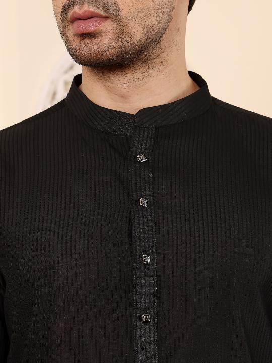 Men's Black Straight Viscose Silk kurta with Textured Effect,Cream solid trouser style churidar | SHOBITAM