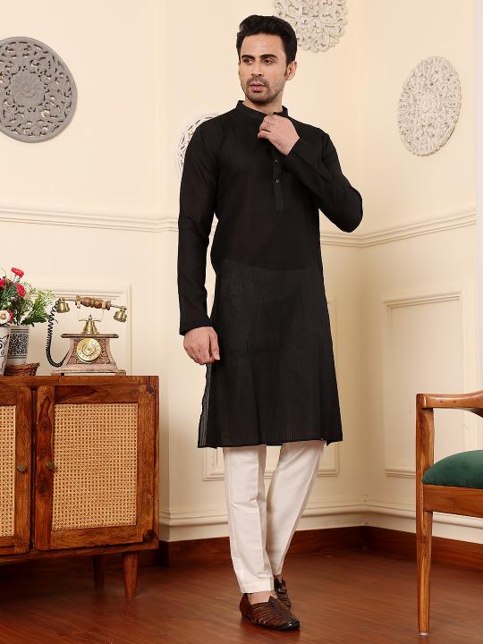 Men's Black Straight Viscose Silk kurta with Textured Effect,Cream solid trouser style churidar | SHOBITAM