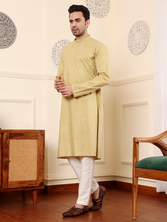 Men's Yellow Straight Rayon Silk kurta with Textured Effect ,Cream solid trouser style churidar  | SHOBITAM