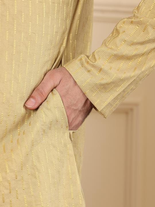 Men's Yellow Straight Rayon Silk kurta with Textured Effect ,Cream solid trouser style churidar  | SHOBITAM