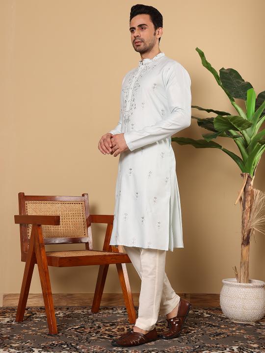 Men's Light Blue Straight Viscose Silk Kurta with Embroidered Neckline and Motifs,Cream solid trouser style churidar   | SHOBITAM