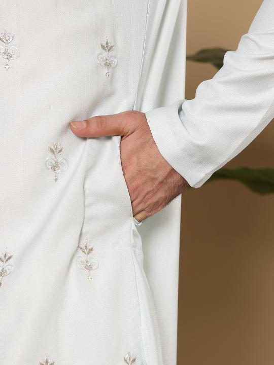 Men's Light Blue Straight Viscose Silk Kurta with Embroidered Neckline and Motifs,Cream solid trouser style churidar   | SHOBITAM