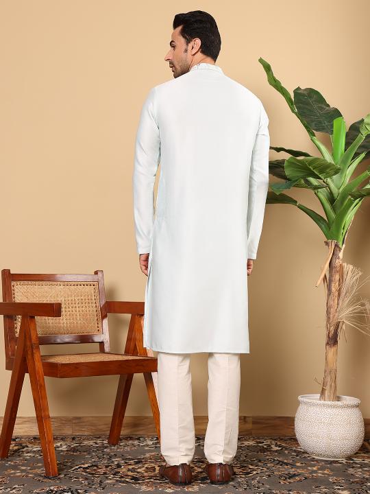 Men's Light Blue Straight Viscose Silk Kurta with Embroidered Neckline and Motifs,Cream solid trouser style churidar   | SHOBITAM