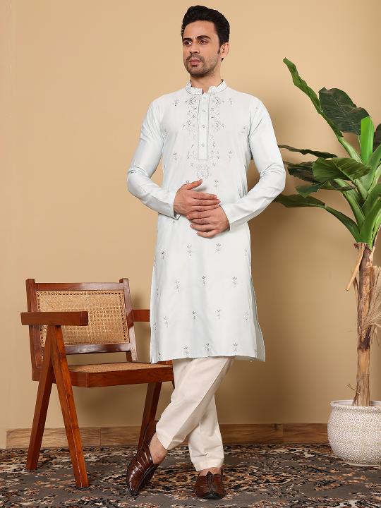 Men's Light Blue Straight Viscose Silk Kurta with Embroidered Neckline and Motifs,Cream solid trouser style churidar   | SHOBITAM