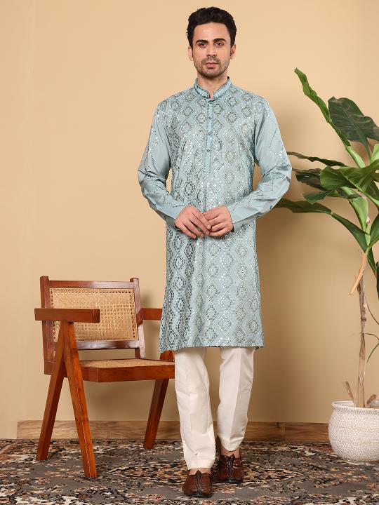 Men's Blue Straight Viscose Silk Kurta with Embroidered Neckline and Motifs,Cream solid trouser style churidar  | SHOBITAM