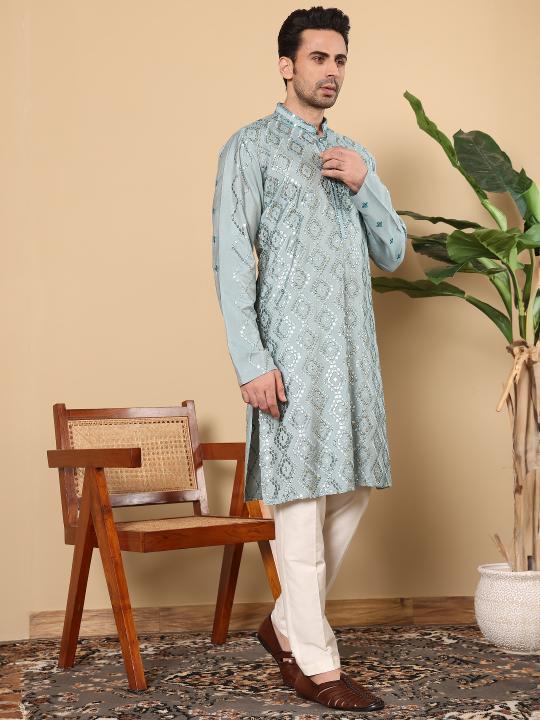 Men's Blue Straight Viscose Silk Kurta with Embroidered Neckline and Motifs,Cream solid trouser style churidar  | SHOBITAM