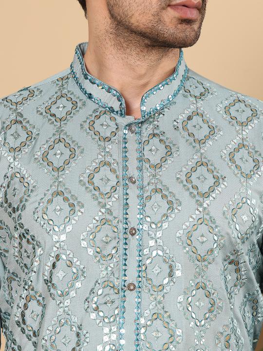 Men's Blue Straight Viscose Silk Kurta with Embroidered Neckline and Motifs,Cream solid trouser style churidar  | SHOBITAM