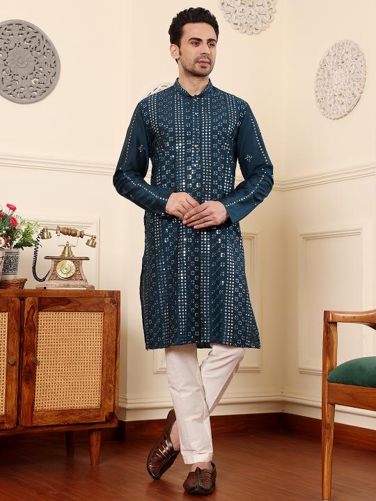 Men's Dark Blue Straight Viscose Silk Kurta with Embroidered Neckline and Motifs,Off White solid trouser style churidar | SHOBITAM