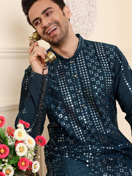 Men's Dark Blue Straight Viscose Silk Kurta with Embroidered Neckline and Motifs,Off White solid trouser style churidar | SHOBITAM