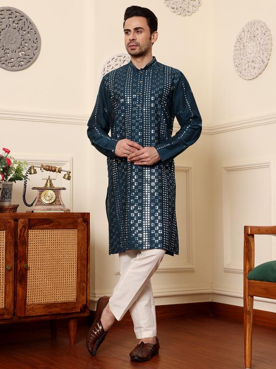 Men's Dark Blue Straight Viscose Silk Kurta with Embroidered Neckline and Motifs,Off White solid trouser style churidar | SHOBITAM